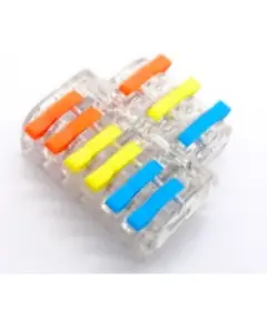 SOLLEYSEC elektromos gyorscsatlakozó kapocs WAGO család termékeire hasonlít, 3+6 9 tű, 3 eres vezetéket ketté oszt, névleges feszültség: 250V, névleges áram: 32A, vezetékek átmérő: 0,08-4,0 mm, rugó: rozsdamentes acél, csatlakozó: réz