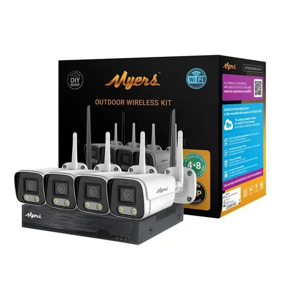 MYERS Myers 8CH WiFi KIT 3MP - 8 csatornás WiFi NVR biztonsági szett, 1 db WiFi NVR (8 csatorna, 5 MP@12fps, 1x HDMI, 1x SATA, max. 14 TB HDD támogatás) 4 db WiFi IP kamera (3 MP, 1/2.7” CMOS, f=3.6 mm, fémházas, IP67, IR 25 m, 24/7 színes kép