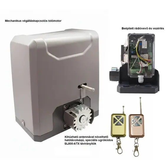TIGERMAT TM-SL800 Kit_mech - tolókapu motor és vezérlés mechanikus végálláskapcsolóval, 2db nagy hatótávú antennás ugrókódos távirányítóval max. 800kg kapuhoz