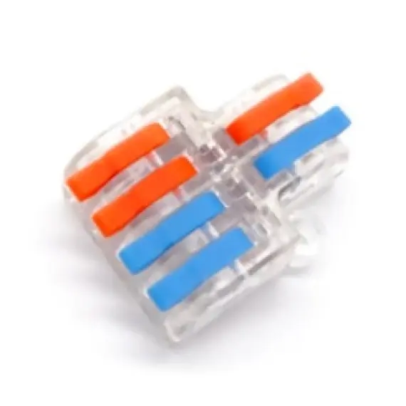 SOLLEYSEC elektromos gyorscsatlakozó kapocs WAGO család termékeire hasonlít, 2+4 6 tű, 2 eres vezetéket  háromfelé oszt, névleges feszültség: 250V, névleges áram: 32A, vezetékek átmérő: 0,08-4,0 mm, rugó: rozsdamentes acél, csatlakozó: réz