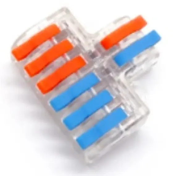 SOLLEYSEC elektromos gyorscsatlakozó kapocs WAGO család termékeire hasonlít, 2+6 8 tű, 2 eres vezetéket  háromfelé oszt, névleges feszültség: 250V, névleges áram: 32A, vezetékek átmérő: 0,08-4,0 mm, rugó: rozsdamentes acél, csatlakozó: réz