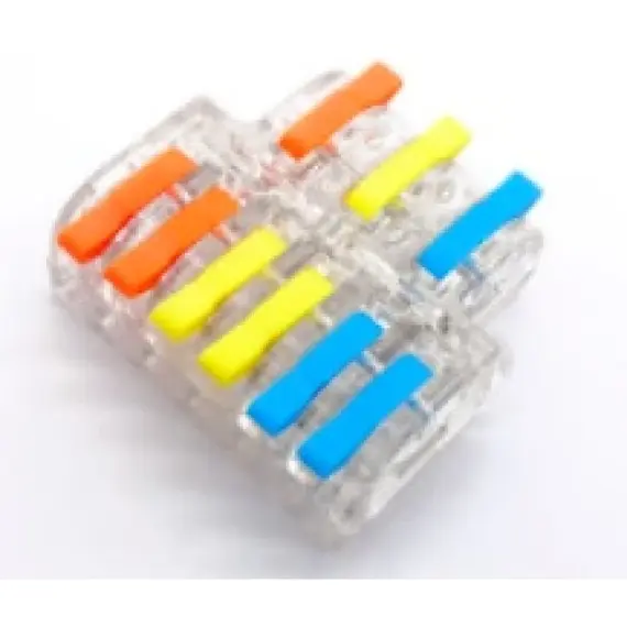 SOLLEYSEC elektromos gyorscsatlakozó kapocs WAGO család termékeire hasonlít, 3+6 9 tű, 3 eres vezetéket ketté oszt, névleges feszültség: 250V, névleges áram: 32A, vezetékek átmérő: 0,08-4,0 mm, rugó: rozsdamentes acél, csatlakozó: réz