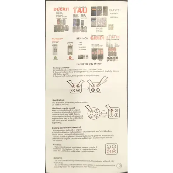 HONNOR SECURITY HS-R131C 4 piros gombos tanítható fix és ugrókód kód RF távirányító, 433,92 MHz / 315 MHz