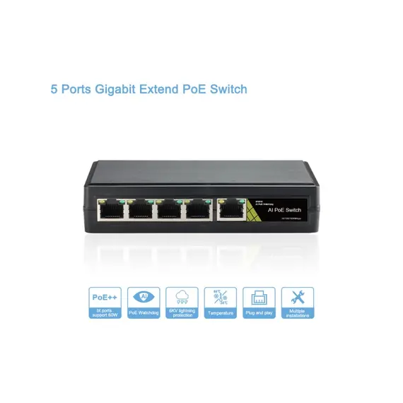 GENATA GNT-69P51G6 PoE switch Extender, beltéri, 4 darab 10/100/1000 Mbps PoE port, ebből 1 nagy teljesítményű (60 W) 1 darab 10/100/1000 Mbps uplink port
